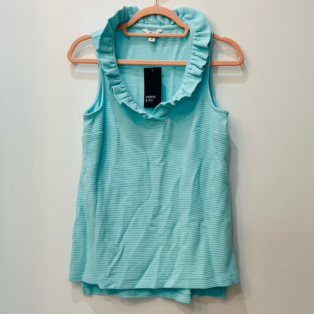NWT crown and ivy Aqua blue ruffle sleevless blouse size XS